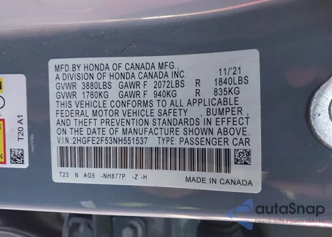 2022 Honda Civic Sport from USA, damaged, VIN 2HGFE2F53NH551537